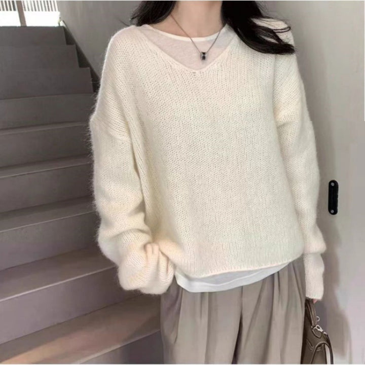 Damen Oversize V‑Ausschnitt Mohair‑Look Pullover mit Angora‑Optik und überschnittener Schulter Echoarchiv