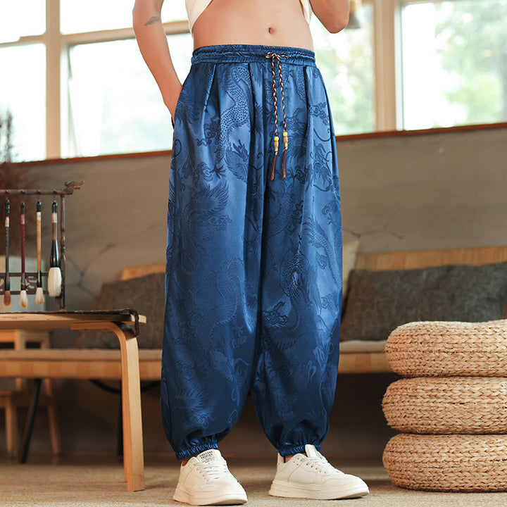 Herren nan weite Jacquard-Satin-Haremshose mit Tunnelzug, elastischen Bündchen und traditionellem Drachenmotiv Echo Archiv