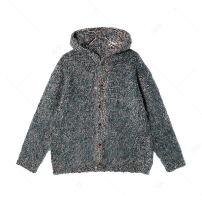 Damen Flauschige Kapuzen-Strickjacke mit Knopfleiste und melierter Bouclé-Optik Echoarchiv