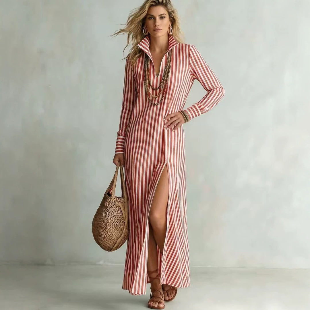 Damen Langes Hemdkleid im Streifen-Look mit Kragen, langen Ärmeln und hohem Beinschlitz Echoarchiv