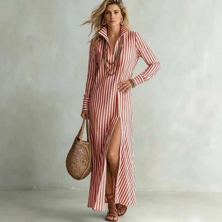 Damen Langes Hemdkleid im Streifen-Look mit Kragen, langen Ärmeln und hohem Beinschlitz Echoarchiv