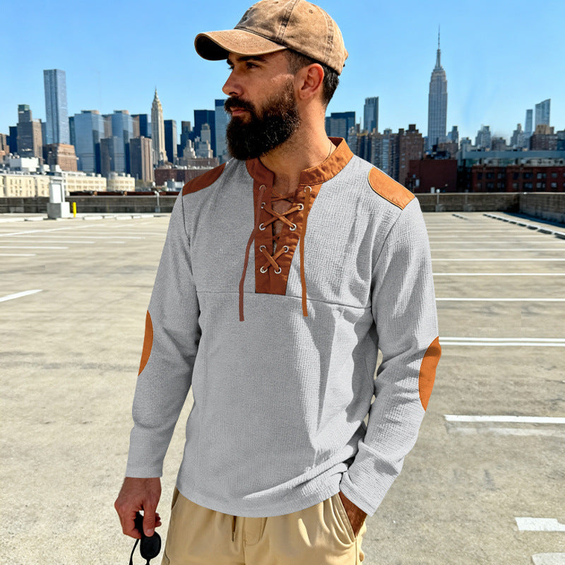 Herren Waffelstrick-Langarmshirt mit Schnürung und Kunstvelours-Ellbogenpatches – Cavarno