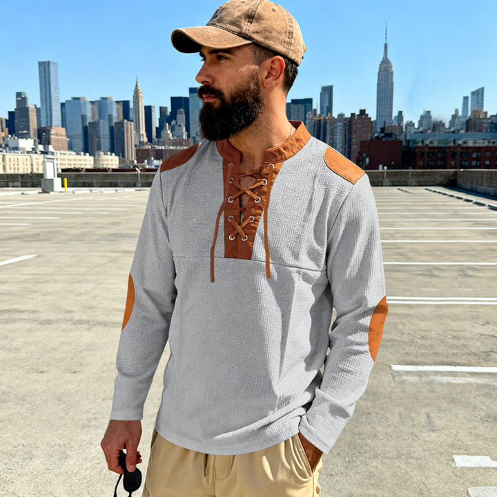 Herren Waffelstrick-Langarmshirt mit Schnürung und Kunstvelours-Ellbogenpatches – Cavarno