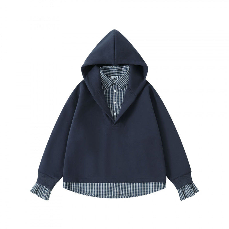 Damen Layering-Hoodie mit eingesetztem Hemdkragen, karierter Saum- und Manschettenoptik Echo Archiv