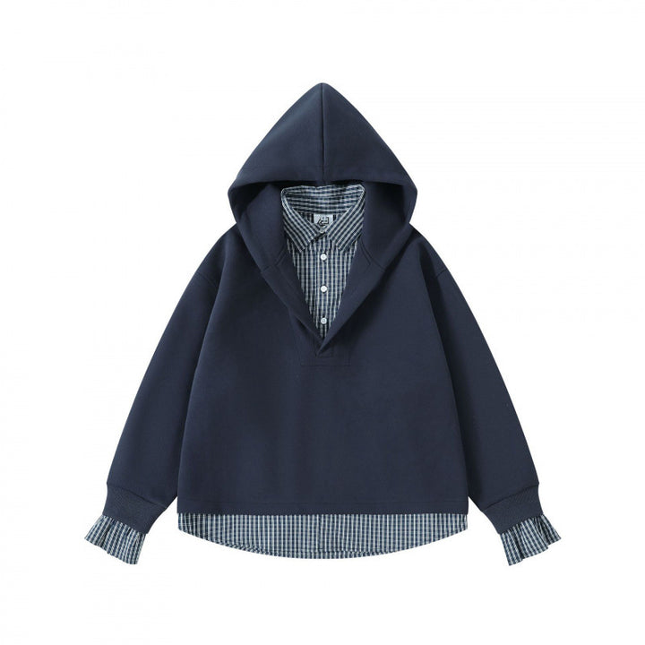 Damen Layering-Hoodie mit eingesetztem Hemdkragen, karierter Saum- und Manschettenoptik Echo Archiv