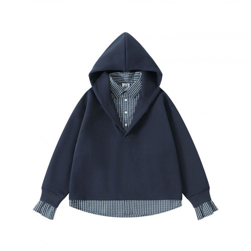 Damen Layering-Hoodie mit eingesetztem Hemdkragen, karierter Saum- und Manschettenoptik Echo Archiv