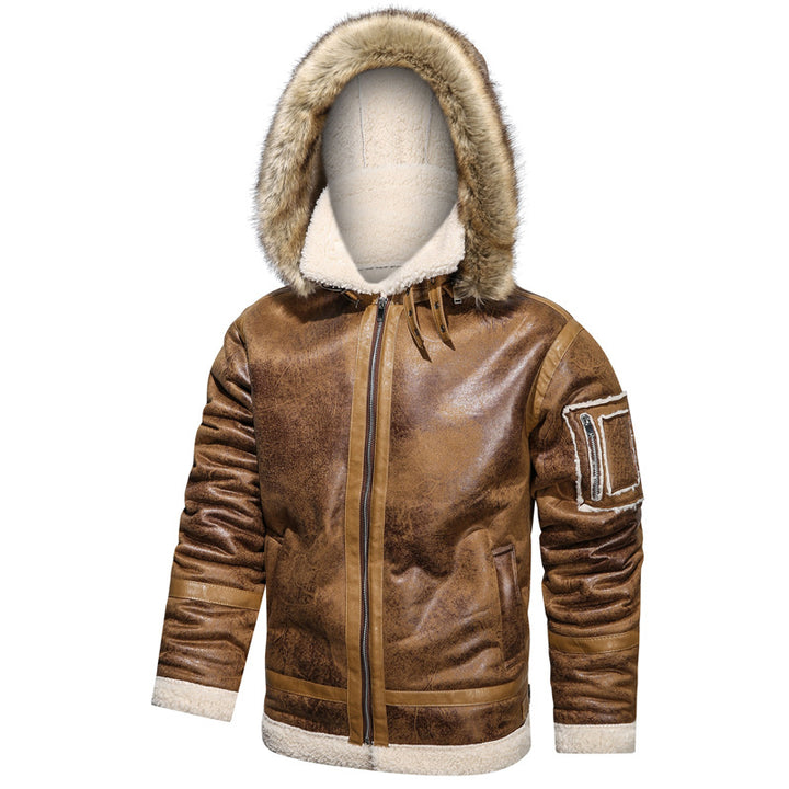 Herren Vintage Lammfell Fliegerjacke mit Kapuze und Teddyfutter – Taviero