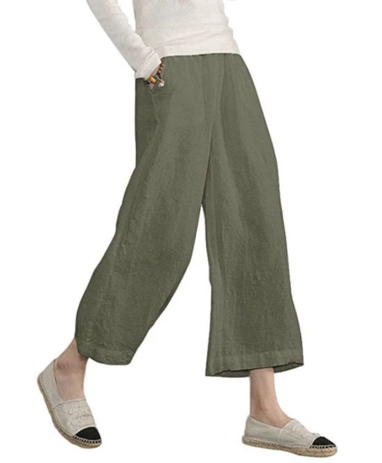 Damen weite Leinenhose mit seitlichen Taschen und elastischem Bund Echoarchiv