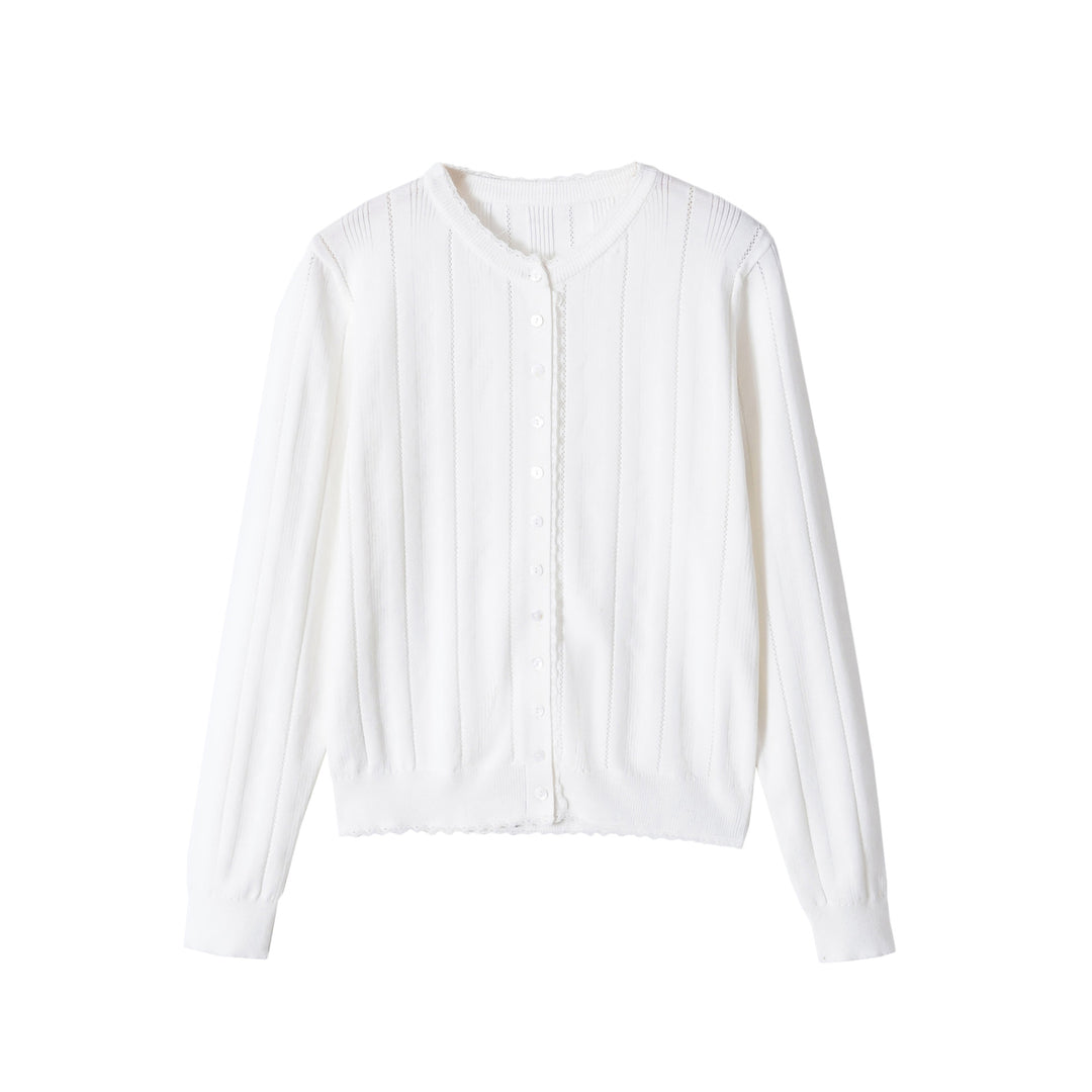 Damen Cropped Feinstrick-Cardigan mit Lochstreifen, Rundhals und Zierknopfleiste Echoarchiv