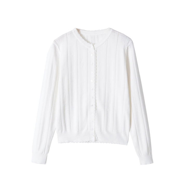Damen Cropped Feinstrick-Cardigan mit Lochstreifen, Rundhals und Zierknopfleiste Echoarchiv