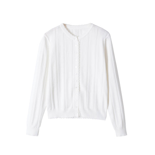 Damen Cropped Feinstrick-Cardigan mit Lochstreifen, Rundhals und Zierknopfleiste Echoarchiv