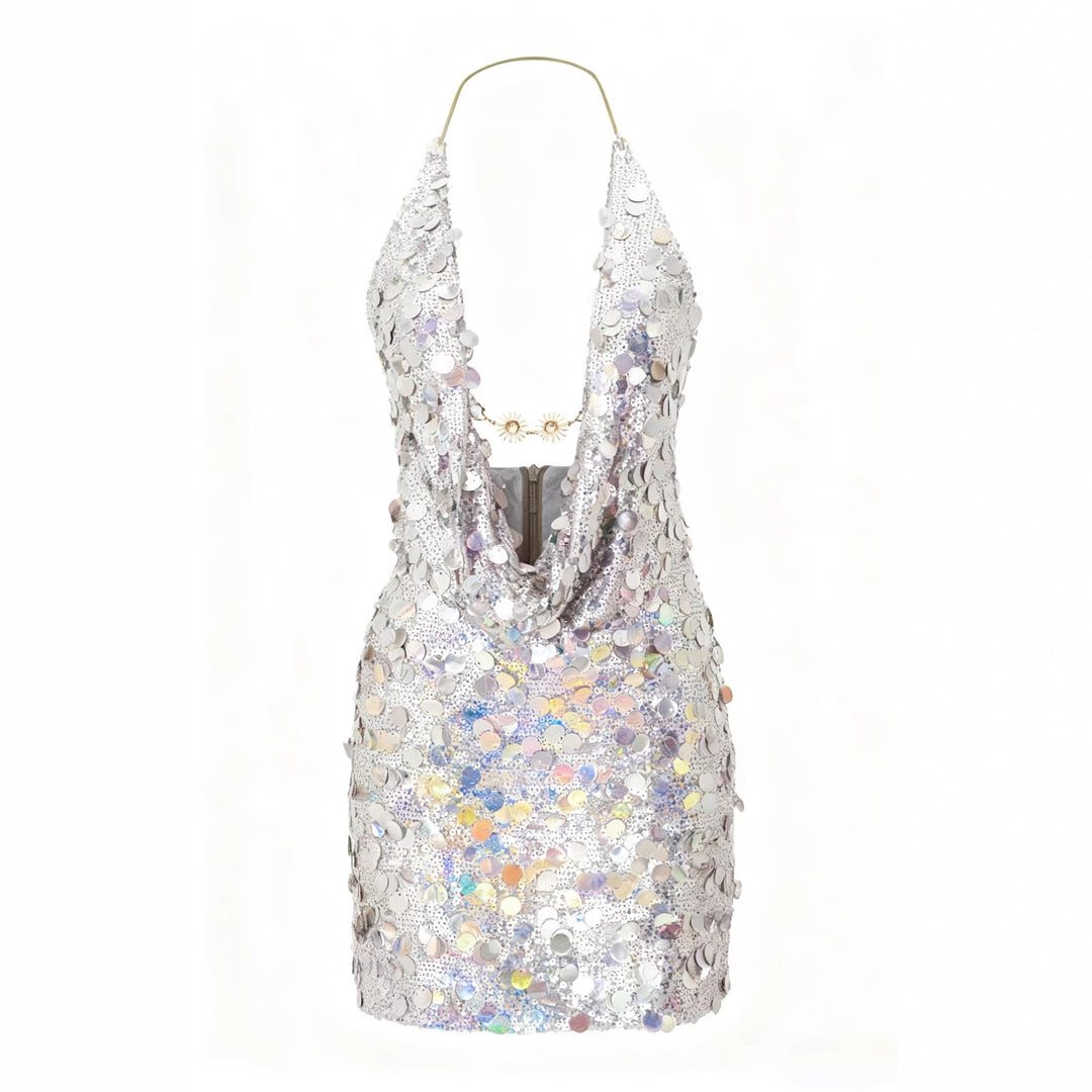 Damen Glitzerndes Minikleid mit tiefem V-Ausschnitt und Troddel-Applikationen Echo Archiv