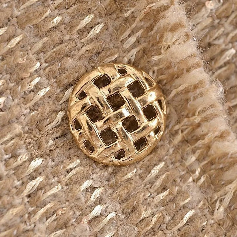 Damen Bouclé-Cropped-Jacke ohne Kragen mit Zierknöpfen und aufgesetzten Taschen Echoarchiv