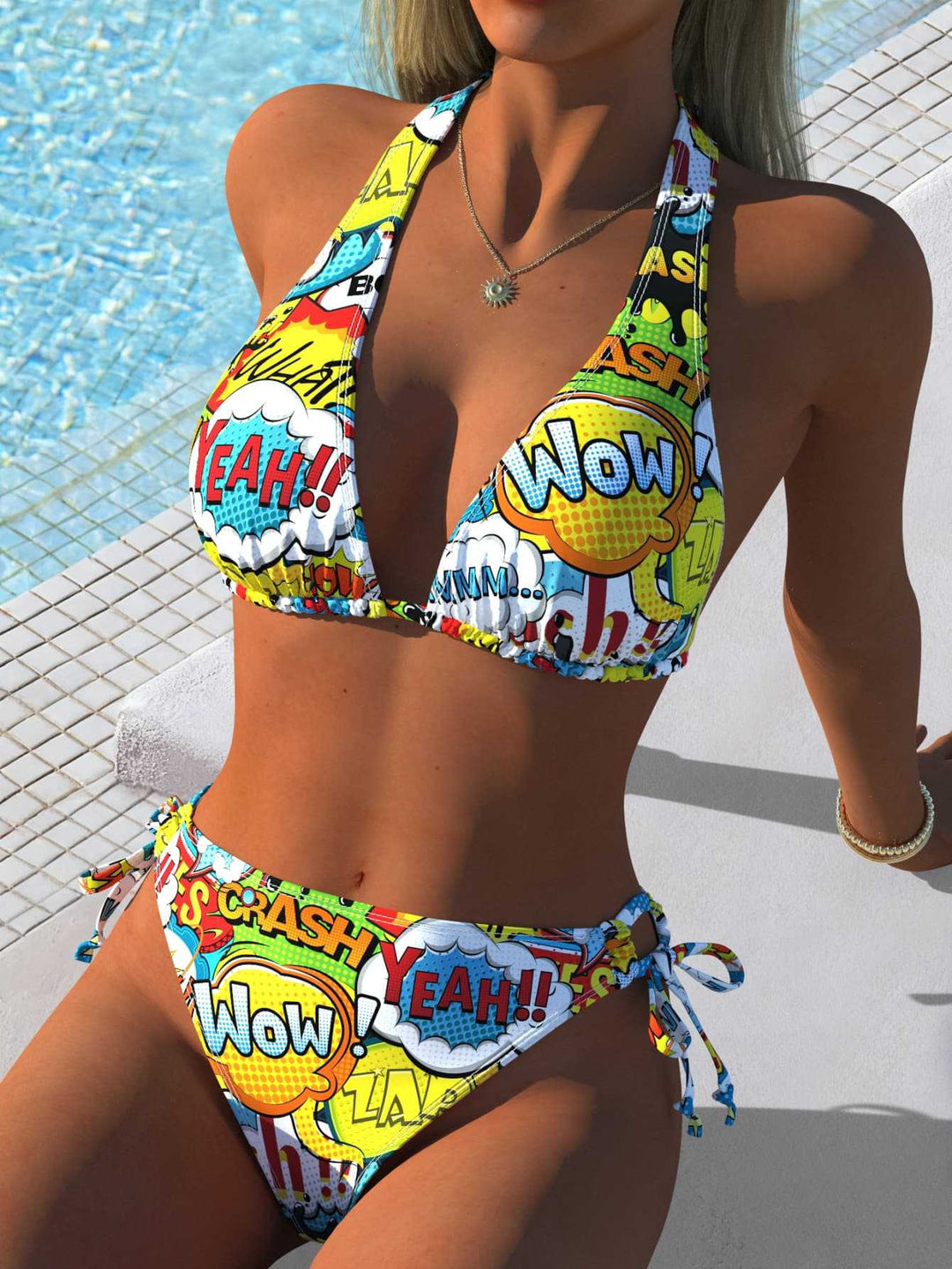 Damen Triangel-Bikini mit kreativem Comic-Print und verstellbaren seitlichen Bindebändern Echo Archiv