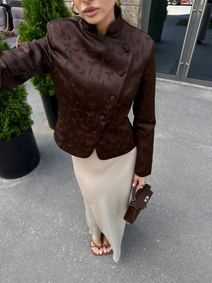 Damen Taillierter Jacquard-Blazer mit überlappendem Revers und dekorativen Knöpfen Echoarchiv