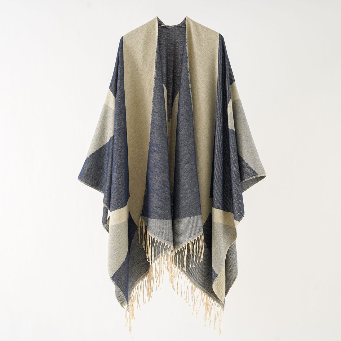 Damen Leichter reversibler Fransen-Umhang aus feiner Wollmischung – Montévia