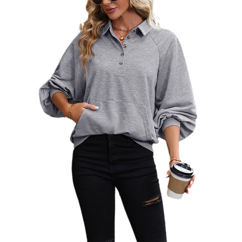 Damen Polokragen-Sweatshirt mit Knopfleiste, Raglanärmeln und Kängurutasche Echoarchiv