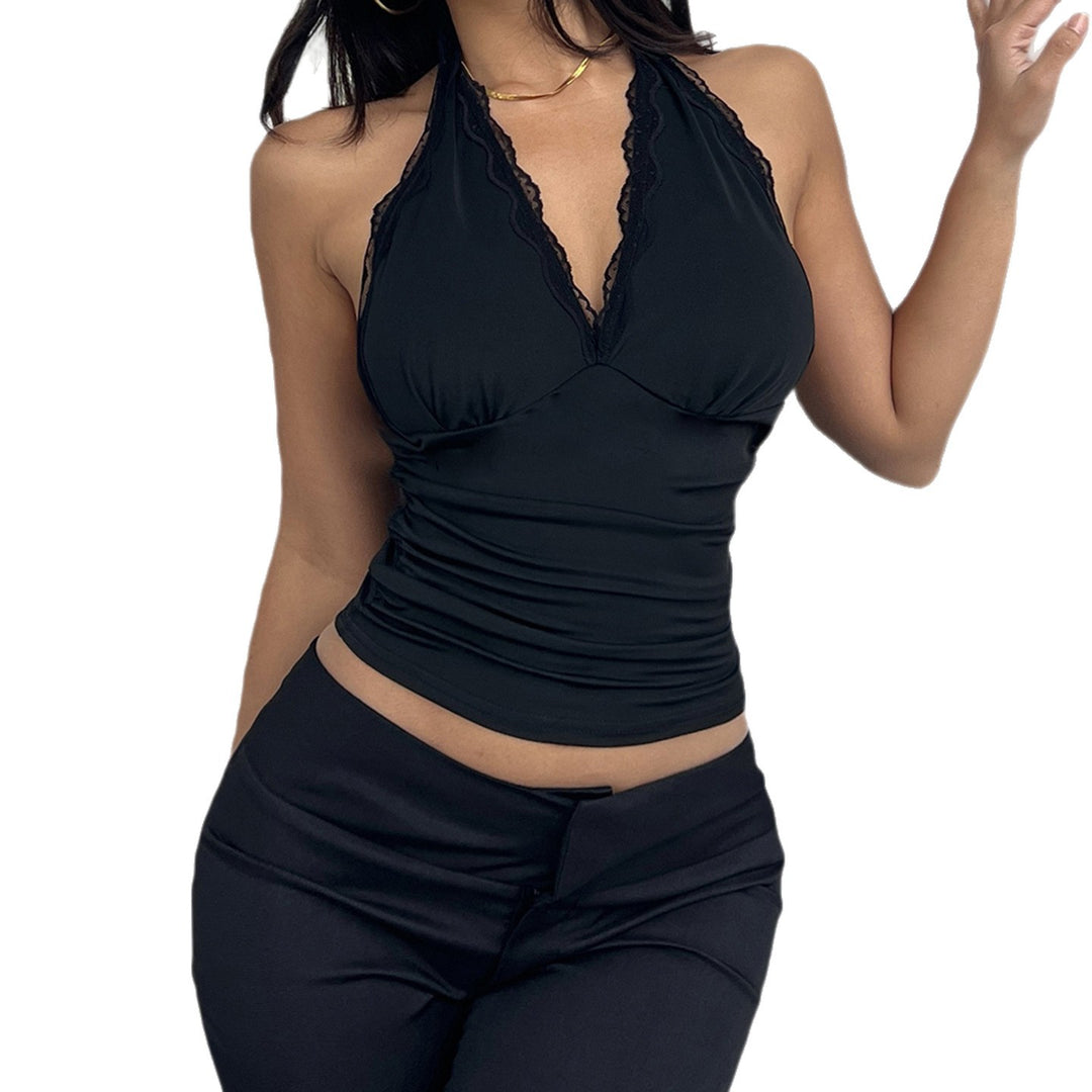 Damen Elegantes Haltertop mit aufregendem V-Ausschnitt und modischen Spitzenakzenten Echo Archiv