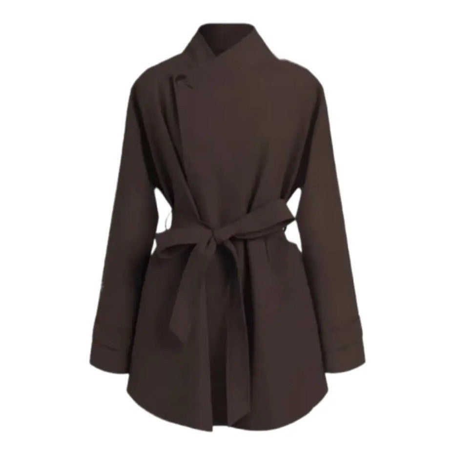 Damen Oversized Wickelbluse mit Stehkragen und Bindegürtel Echoarchiv