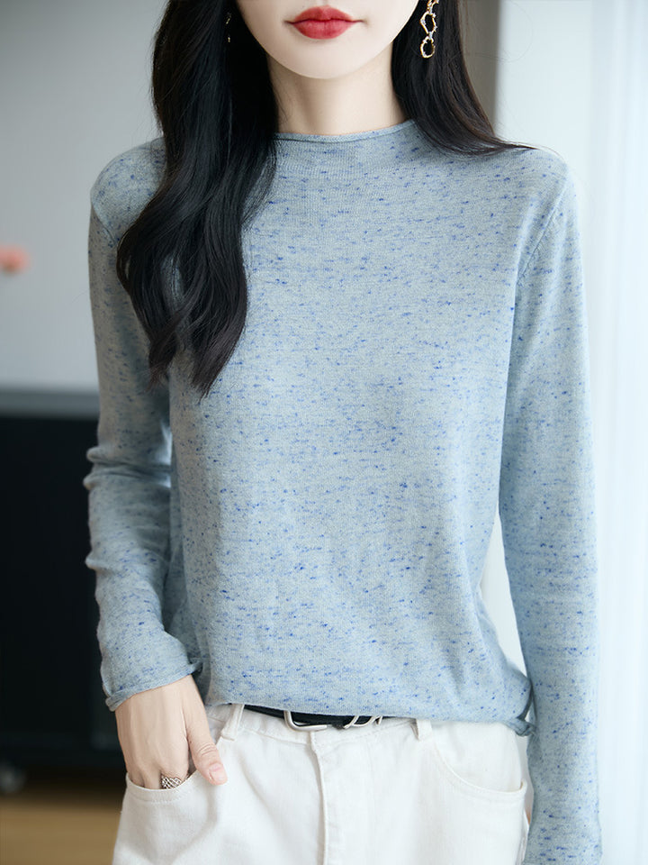 Damen Minimalistischer Nep-Strick-Longsleeve mit kurzem Stehkragen Echoarchiv