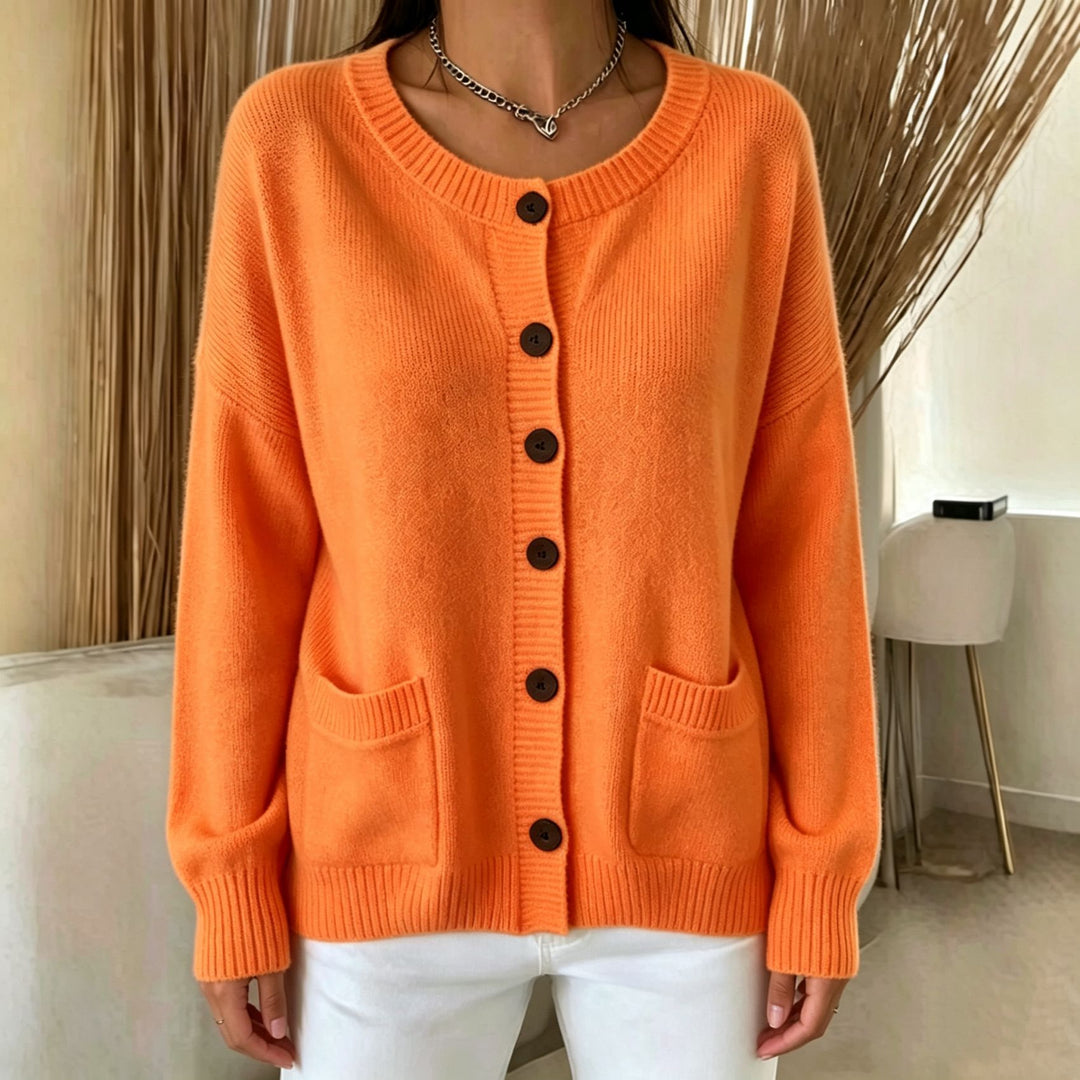 Damen Knopf-Cardigan mit Rundhals, aufgesetzten Taschen und Raglanärmeln – Veloura