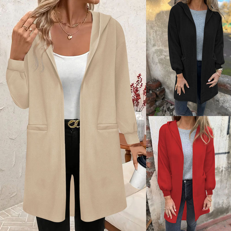 Damen Offener Longblazer mit Kapuze und Eingrifftaschen Echoarchiv