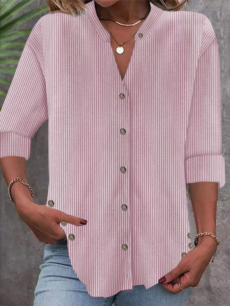 Damen Freizeit Gestreiftes Hemd Bluse mit Stehkragen, Durchgängige Knopfleiste und Roll-up 3/4 Ärmeln – Élovi