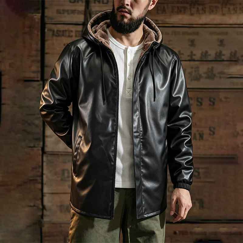 Herren Modische Kunstlederjacke mit Kapuze und Fleecefutter Echo Archiv