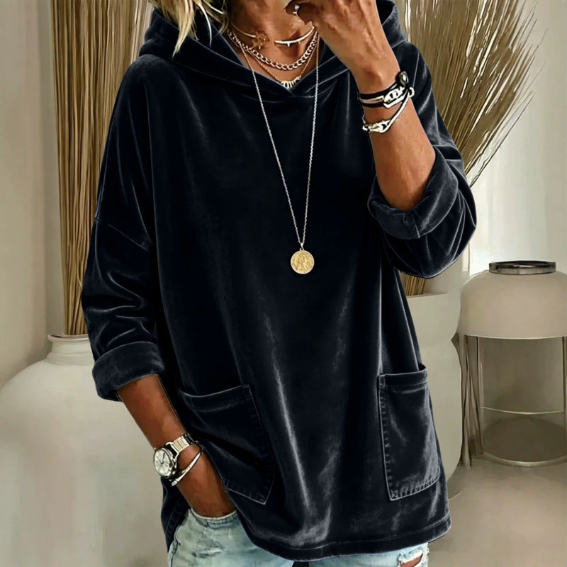 Damen Samt-Hoodie mit Kapuze, Oversize-Schnitt und aufgesetzten Taschen – Auréline