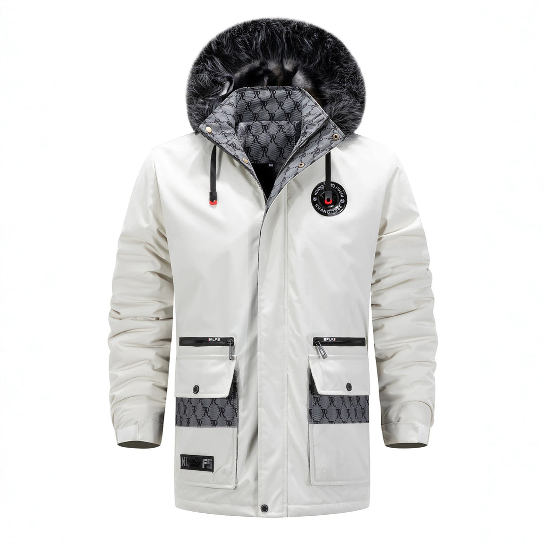 Herren Langer Thermo-Parka mit Kapuze, Logo-Innenfutter und Multifunktions-Taschen Echoarchiv