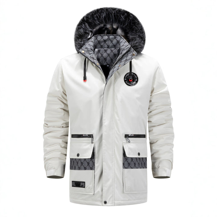 Herren Langer Thermo-Parka mit Kapuze, Logo-Innenfutter und Multifunktions-Taschen Echoarchiv