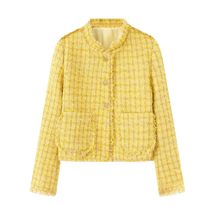 Damen kurze Bouclé-Tweedjacke mit goldenen Zierknöpfen, aufgesetzten Taschen und Fransenbesatz – Célinea
