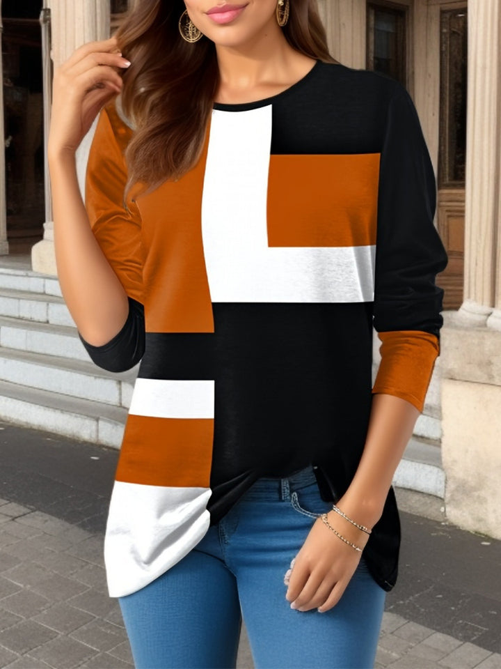 Damen nan geometrisches Colorblock Longsleeve-Tunika-Oberteil mit Rundhalsausschnitt und asymmetrischem Saum Echo Archiv