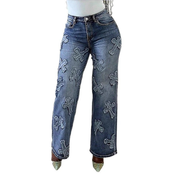 Damen Hochtaillierte Straight‑Leg‑Jeans mit Fransen‑Kreuz‑Applikationen Echo Archiv