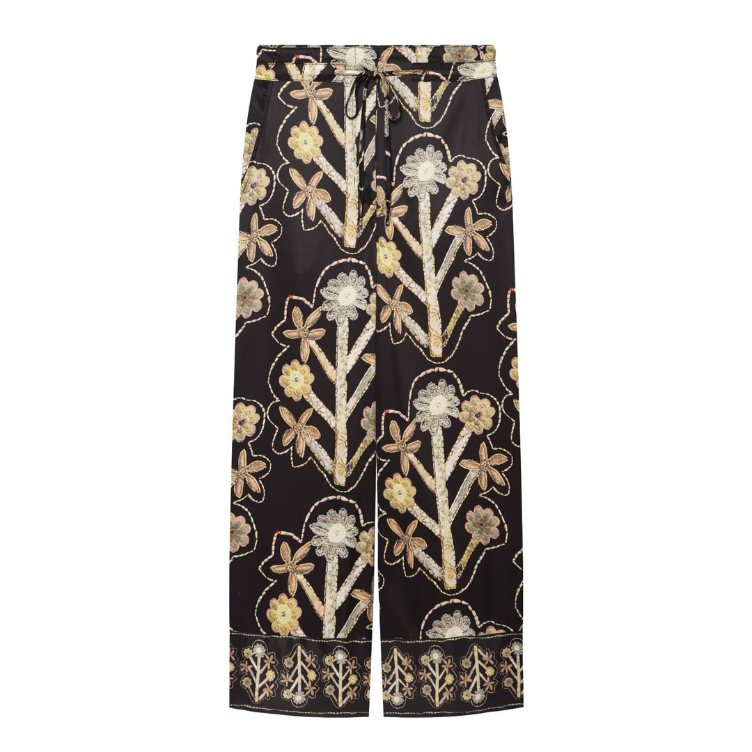 Damen Weite Satin-Hose mit floraler Stickerei, Tunnelzug und Bordürensaum Echo Archiv