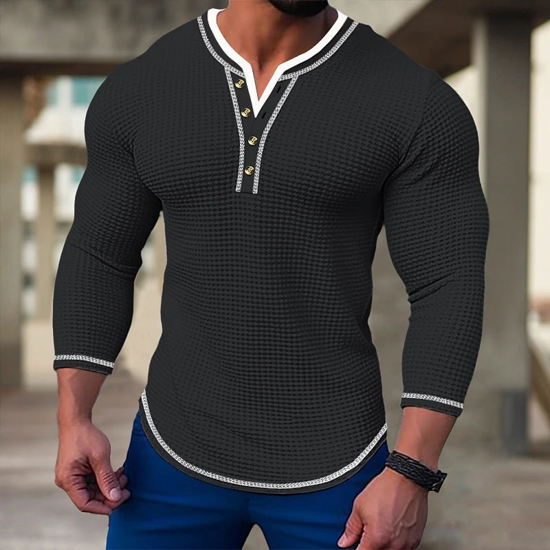 Herren modisches Langarm-Henley-Shirt mit strukturiertem Design und Knopfleiste Echoarchiv