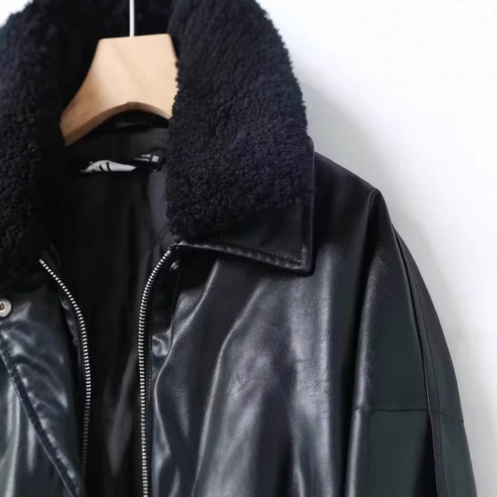 Herren oversize Kunstleder‑Fliegerjacke mit abnehmbarem Teddykragen, Zweiwege‑Reißverschluss und großen Pattentaschen – Taviero