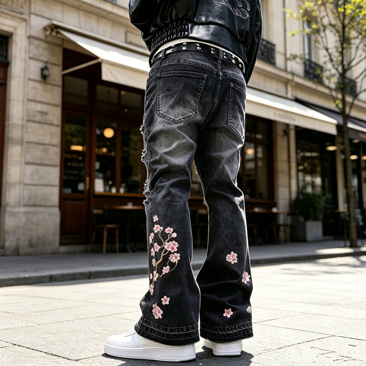 Damen Modische Flared Jeans mit Blumenstickerei Echoarchiv