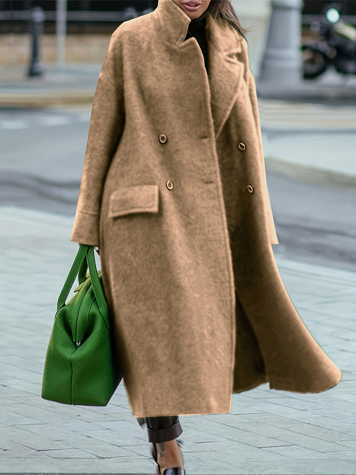 Damen nan Cape-ähnlicher doppelreihiger Wollmantel mit weitem Fall, hohem Stehkragen und Pattentaschen Echo Archiv