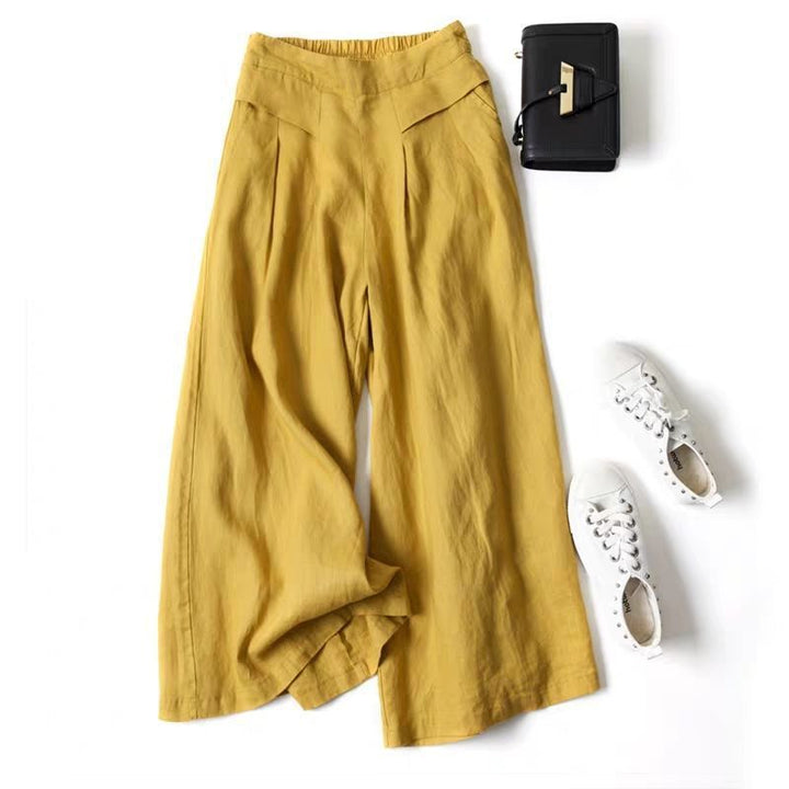 Damen Weit geschnittene Leinenhose mit hohem Bund und eleganten Falten Echoarchiv