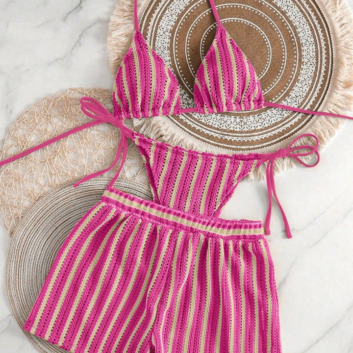 Damen Bikini-Set mit gerafftem Oberteil und hoch taillierten Shorts Echo Archiv