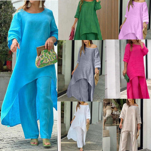 Damen Leichtes Leinen-Zweiteiler mit asymmetrischer High-Low-Tunika und weiter Palazzo-Hose Echo Archiv