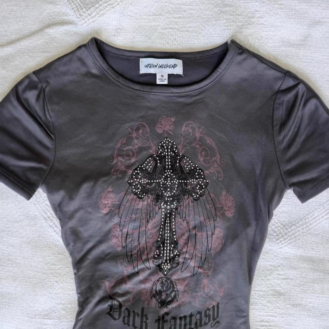 Damen T-Shirt mit funkelndem Grafikkreuz und floralem Design Echo Archiv