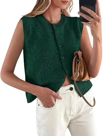 Damen lässige Strickweste mit Knopfleiste und Rundhalsausschnitt – Veloura