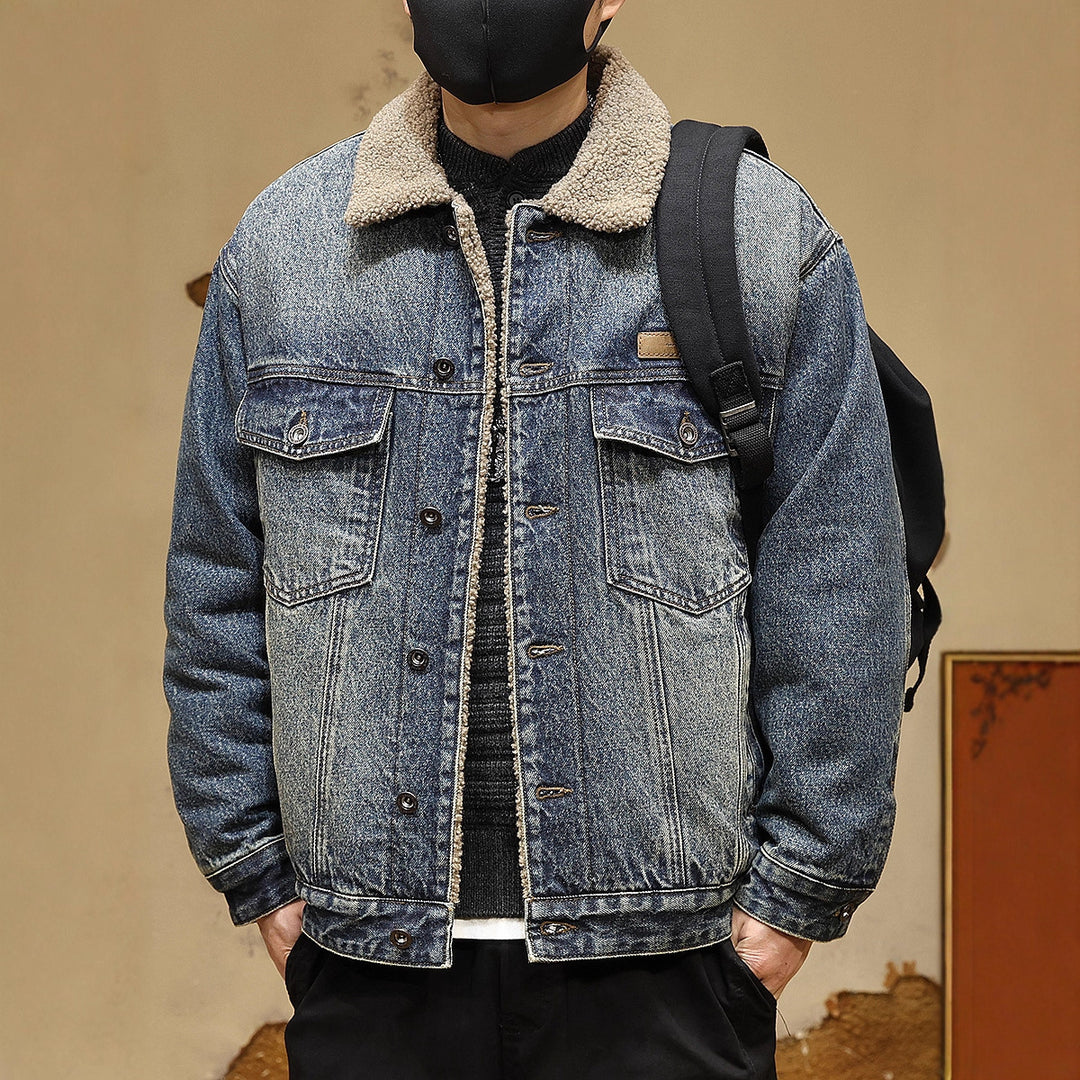 Herren Gemütliche Denimjacke mit Kunstfellkragen Echoarchiv