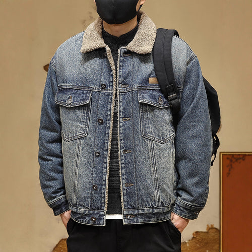 Herren Gemütliche Denimjacke mit Kunstfellkragen Echoarchiv