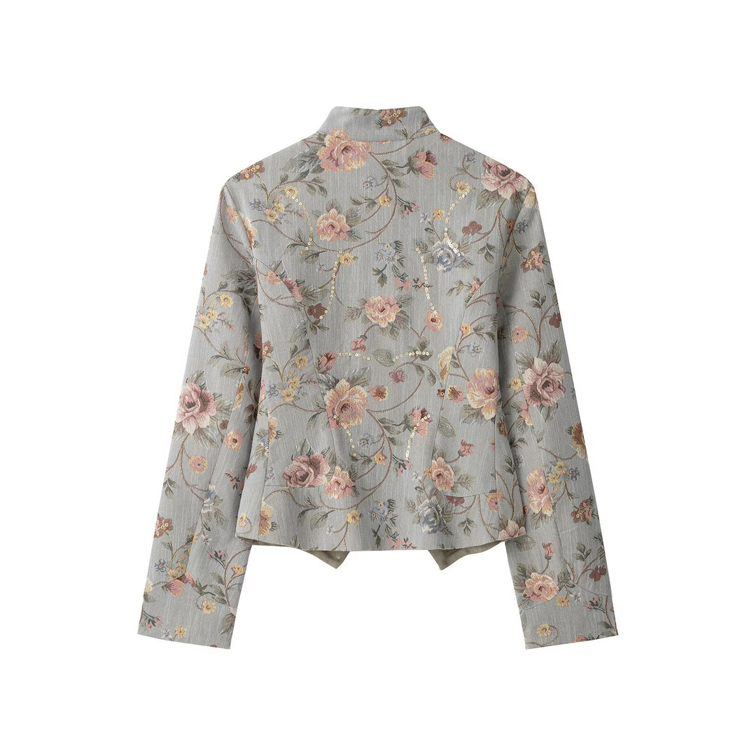Damen Kurzjacke im Jacquard‑Blütenmuster mit Stehkragen und Zierknopfleiste Echo Archiv