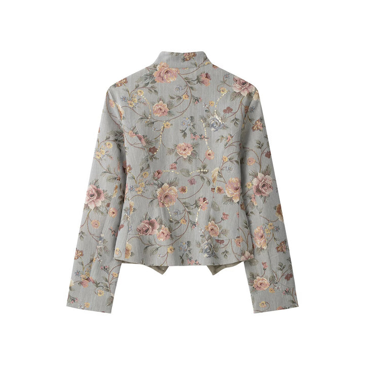 Damen Kurzjacke im Jacquard‑Blütenmuster mit Stehkragen und Zierknopfleiste Echo Archiv