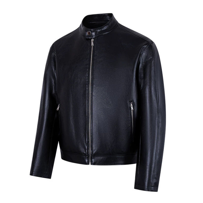 Herren schlichte Glattlederjacke mit Stehkragen und seitlichen Reißverschlusstaschen Echoarchiv