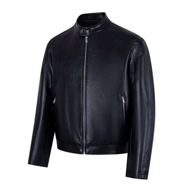 Herren schlichte Glattlederjacke mit Stehkragen und seitlichen Reißverschlusstaschen Echoarchiv